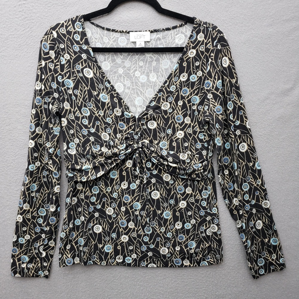 Ann Taylor LOFT Long Sleeve Babydoll Top Top Leaf Swirl Artsy Funky Geo Size M